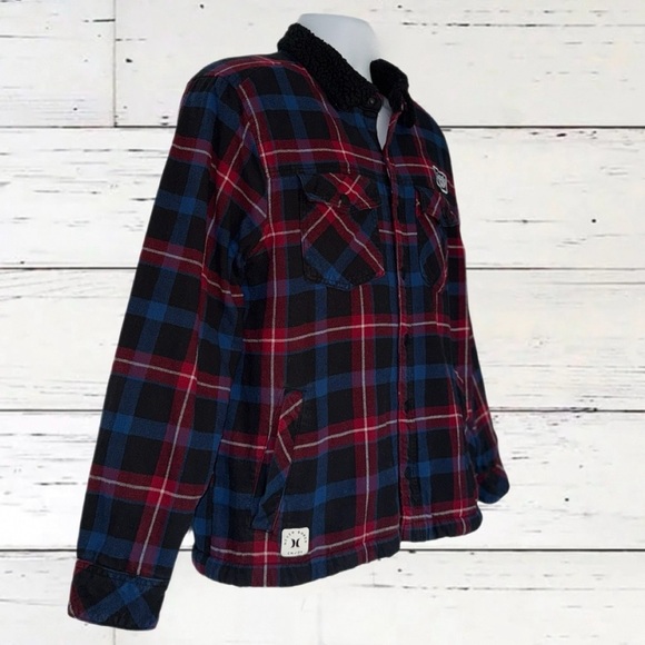 Hurley Sherpa Lined Plaid Jacket Men’s Medium Red Blue Flannel Coat - Picture 3 of 10